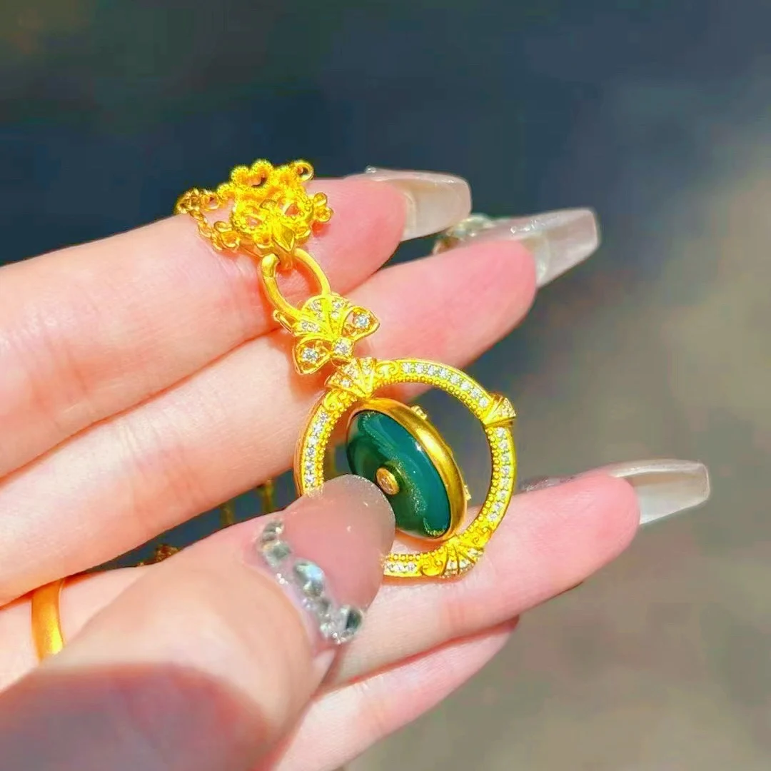 24K AU999 قلادة بإبزيم أمان للنساء، تصميم قابل للدوران + تخريمية وزخارف ماسية #1