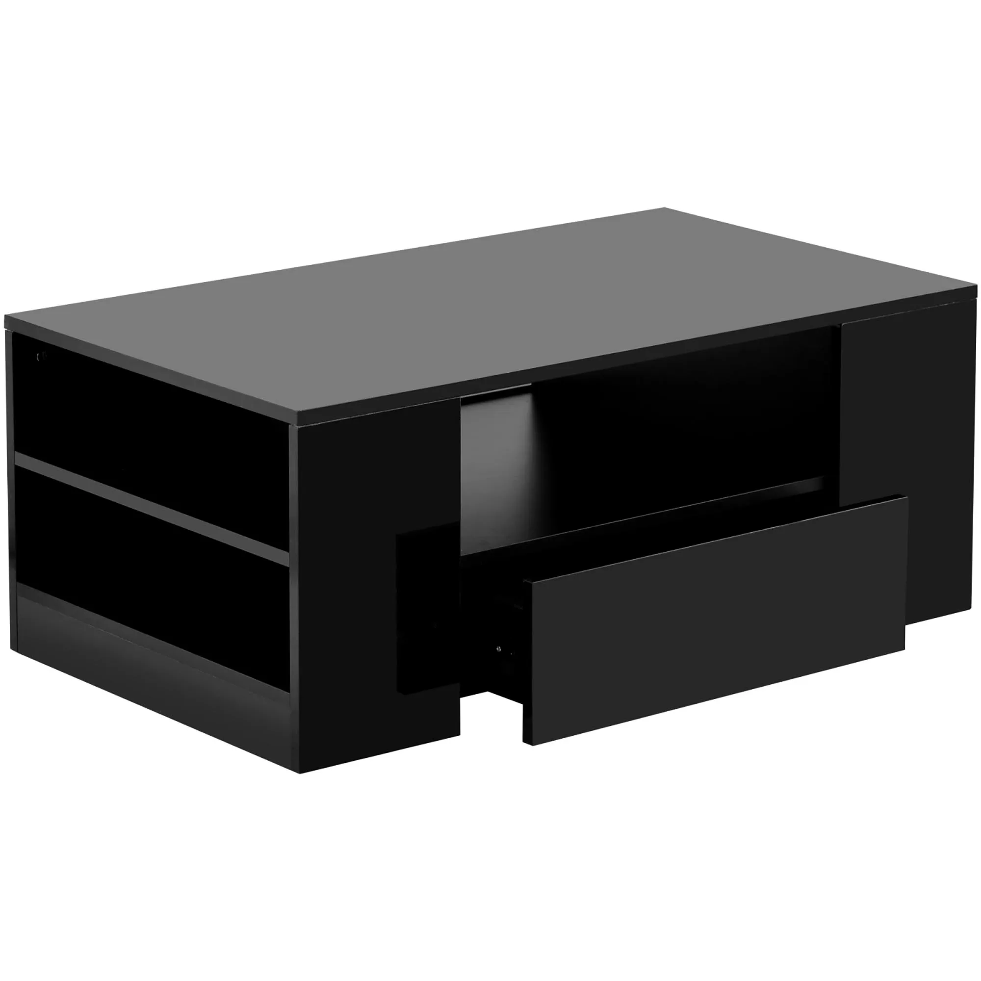 Czarny nowoczesny stolik kawowy o wysokim połysku 95x53x37 cm, stolik kawowy na sofę, stolik boczny do salonu z 2 szufladami i 2 półkami
