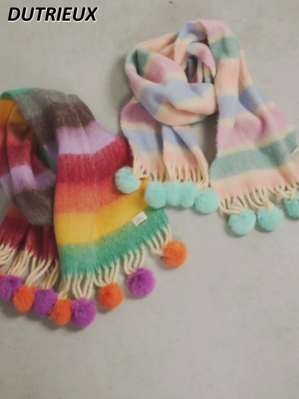 Hairball Loop Yarn Warm Winter Rainbow Striped Girl Scarf Japanese and Korean Version Soft Sweet Thickened Shawl Scarfs