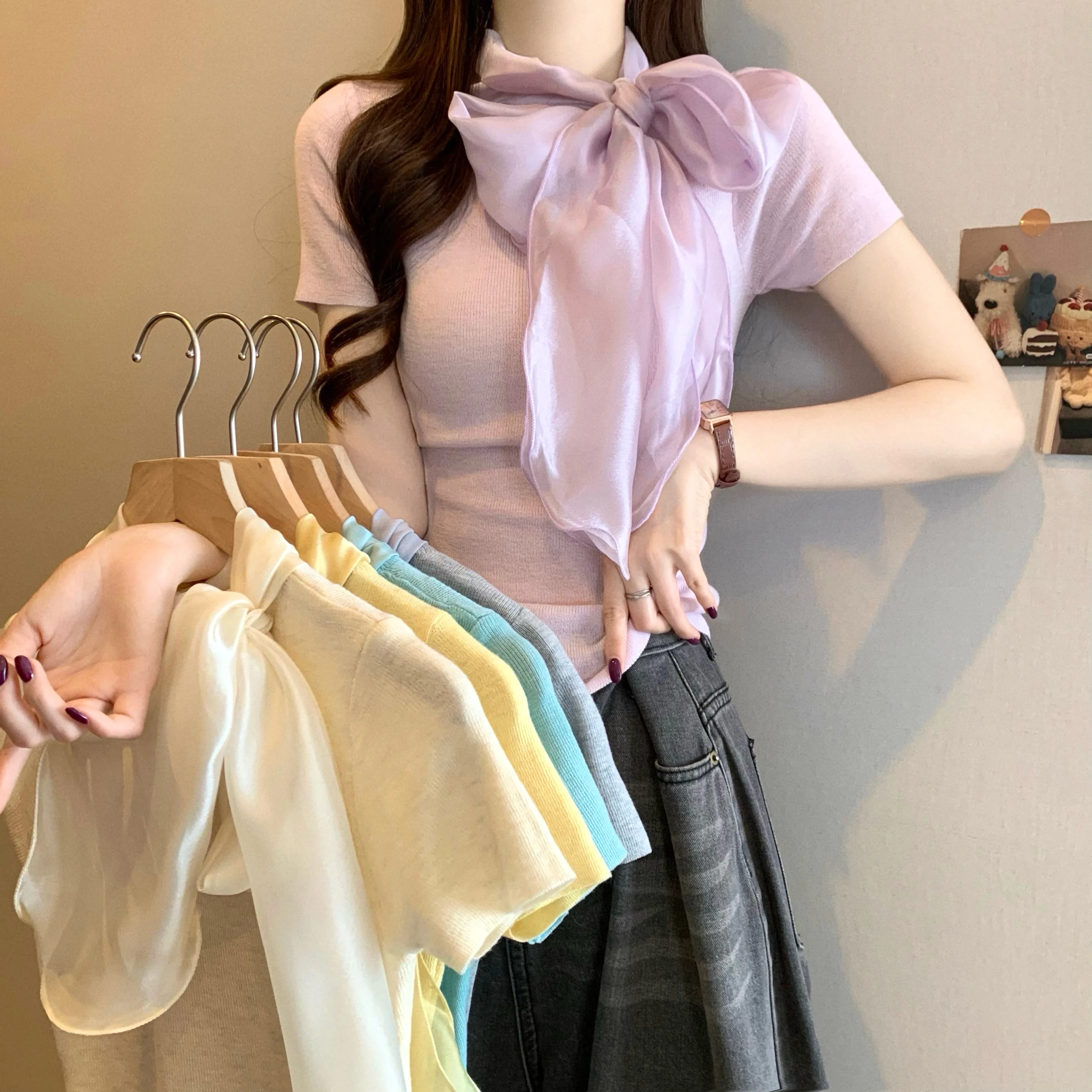 

Ele French Sle Knot ort Sve Knitted Top Women's Summer New Faion Breathable Comfortable Casual irt