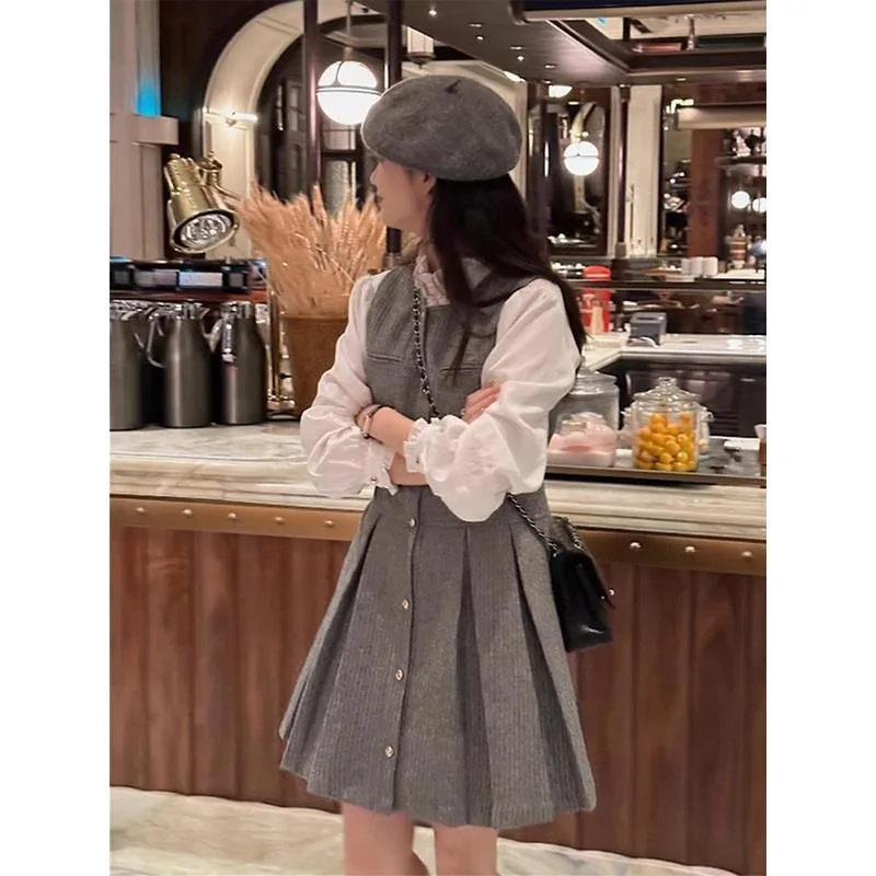 

O-neck Puff Long Sleeve White Shirt Women Striped Sleeveless Single Breasted Pleated Tank Dress Autumn Elegant Premium Outfits