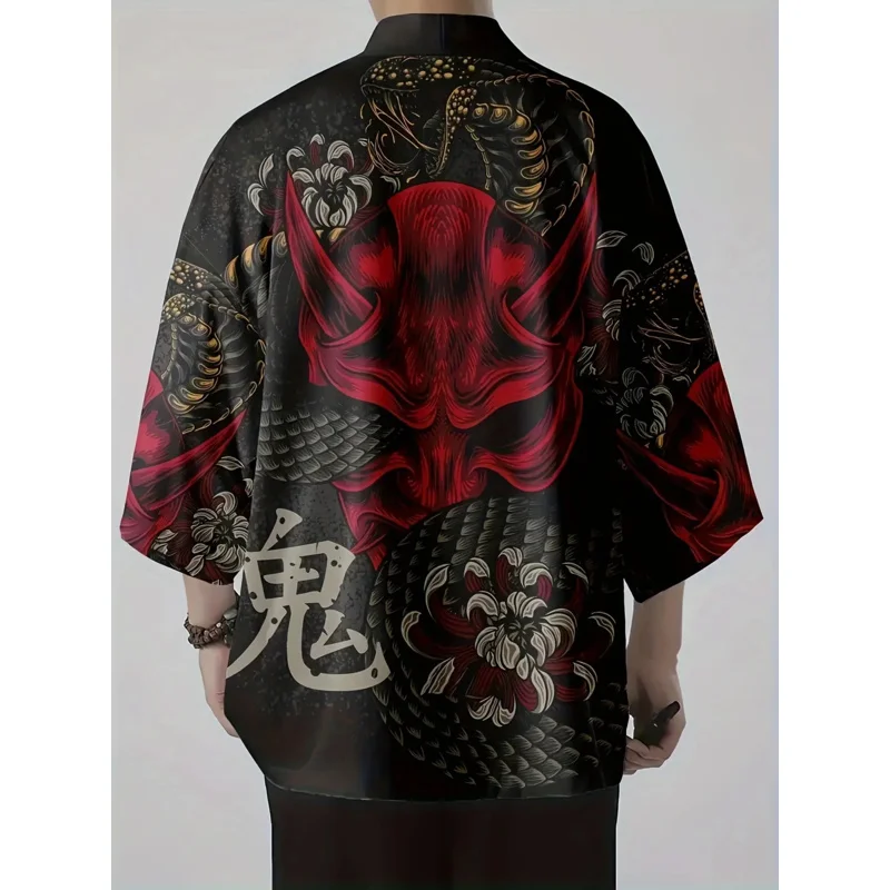 اليابانية التقليدية الساموراي كيمونو الرجال النساء أنيمي التنين مطبوعة الأخضر فضفاض سترة 3/4 كم Harajuku Haori تأثيري قميص