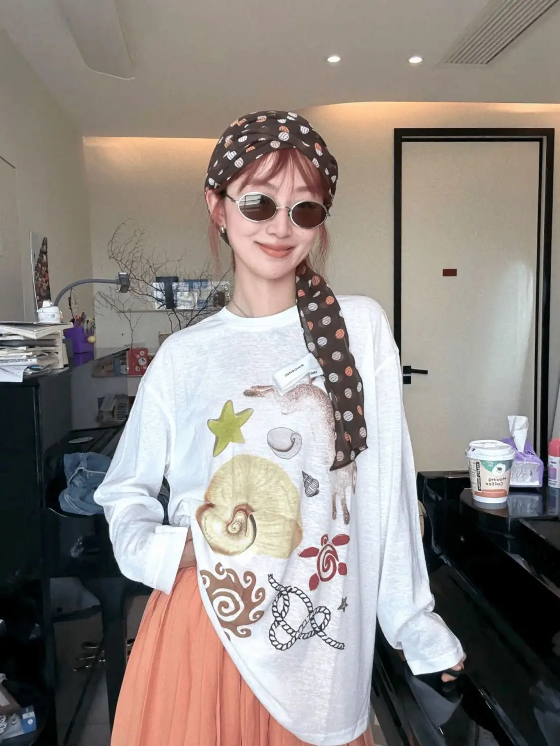 여름용 가볍고 헐렁한 긴팔 티셔츠 여성용 통기성 재미있는 패턴 프린트 캐주얼 선드레스 탑 하이웨이스트 디자인