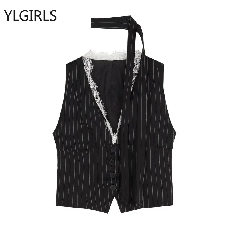 Vintage Korean Retro High Street Lace Stitching Vest with Scarf + Pleated Mini Skirt Stripes Suit 2 Pieces Sets Y2k Suit