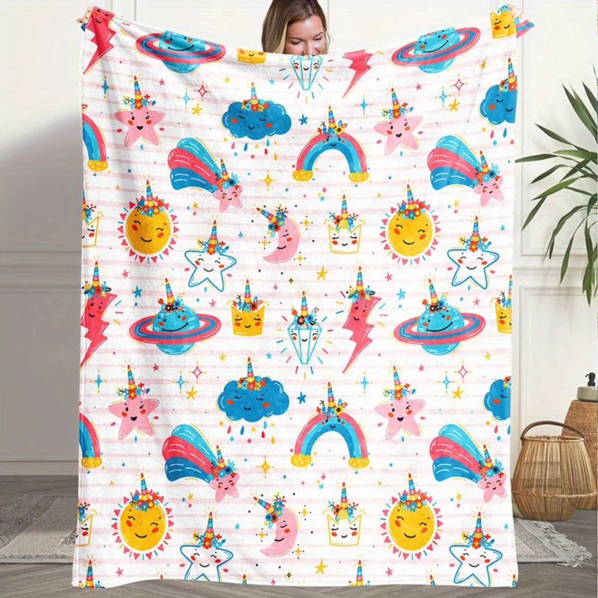 

1 fluffy unicorn and rainbow print flannel blanket - warm and cozy, perfect for sofas, offices, beds, camping, and Christmas.