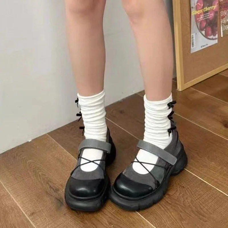 Retro Thick Bottom Mary Jane Shoes Women New Fashion Chunky Heel Women\'s Sneakers Black Gray Heightening Shallow Single Shoes