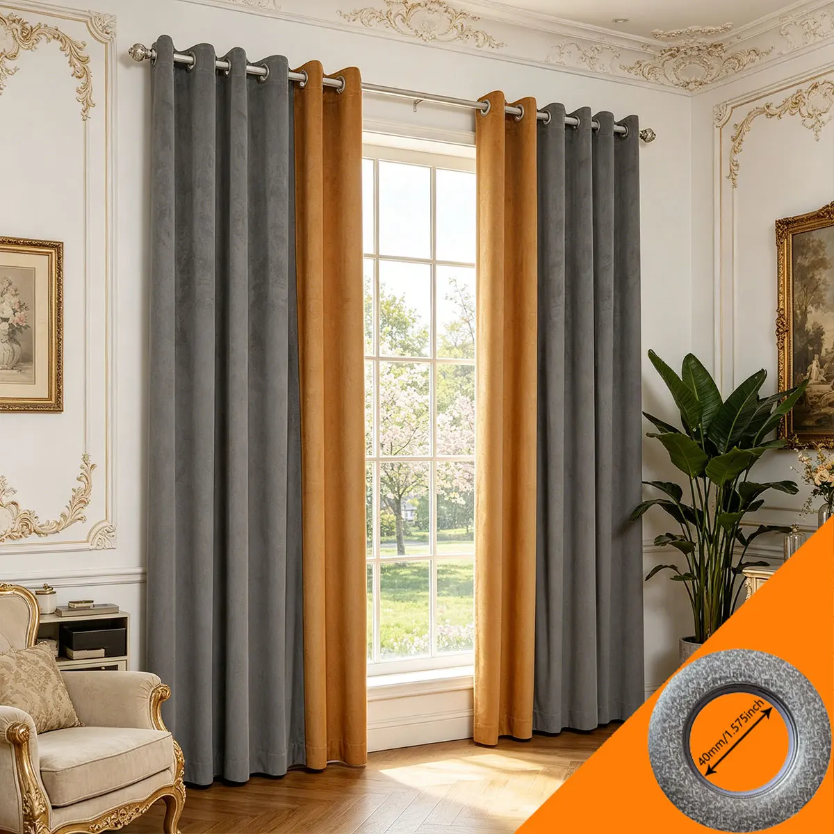Grey & Amber Color Block Velvet Curtains 2‑Pack, Grommet Blackout Drapes for Modern Living Room Bedroom Home Decor