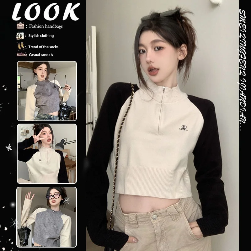 アメリカン-スプライス-カラー-ブロフ-ジップ-ニット-セーター-レディース-春秋デザイン-オート-ハイカラー-カジュアル-ファッション-トップス