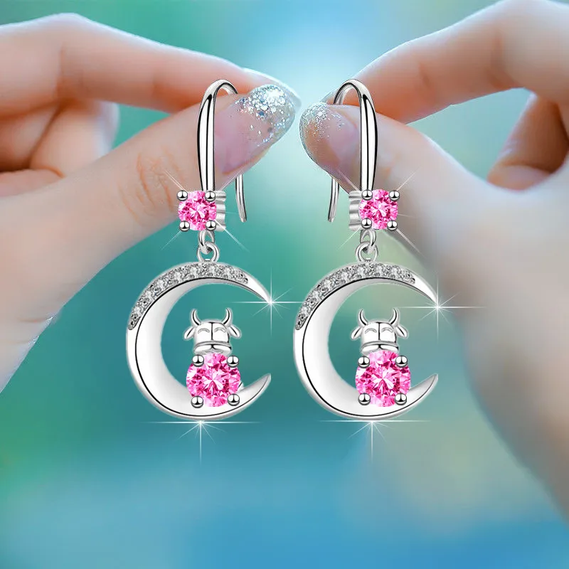 Girls' Lovely Creative Drop Earrings Shiny Crystal Zirconia Stone Cattle Sitting In The Moon Tiny Earring Hooks Piercing Jewelry