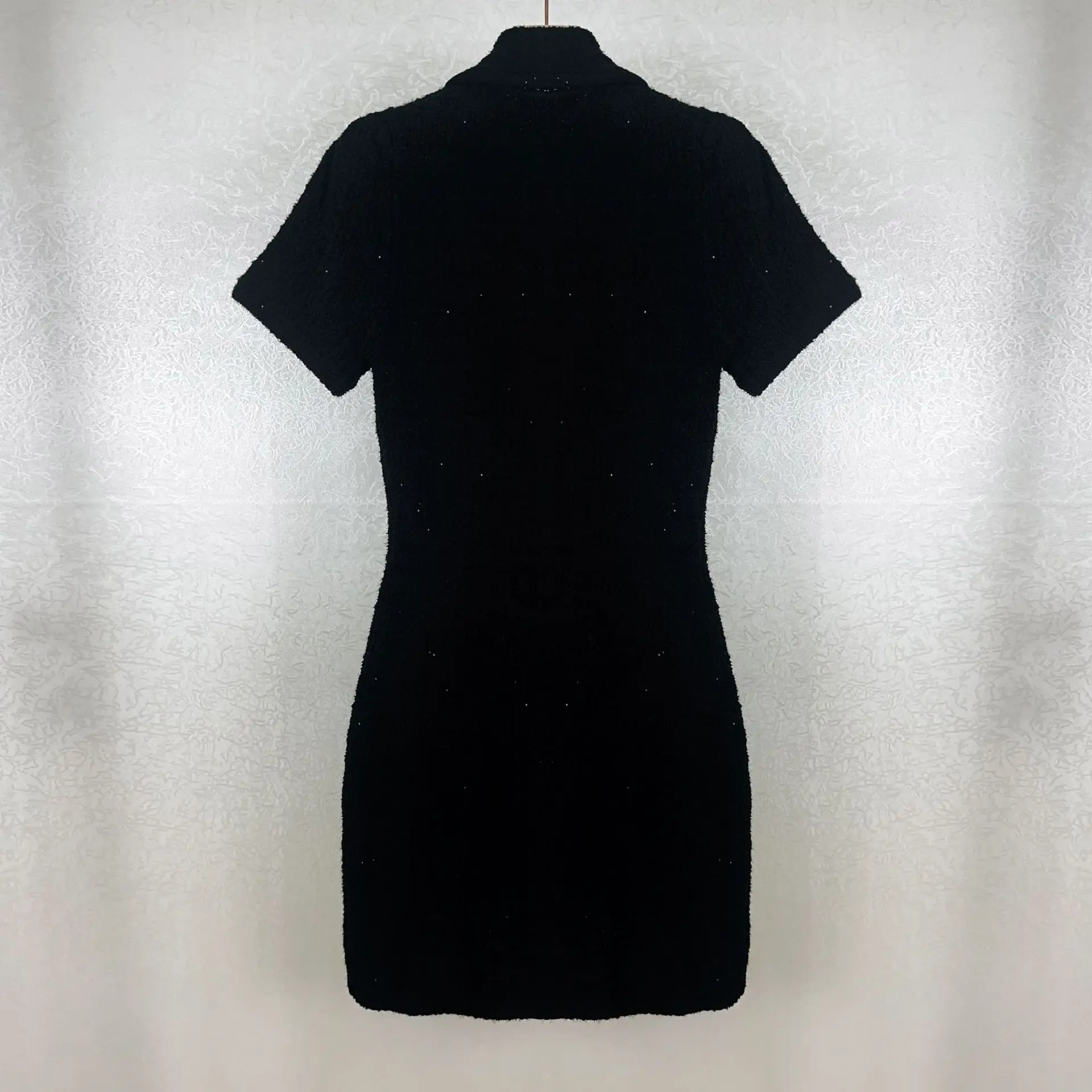 Vestido de Tweed preto feminino com gola virada para baixo, mini robe, decoração de botões, manga curta, elegante, outono, 2024