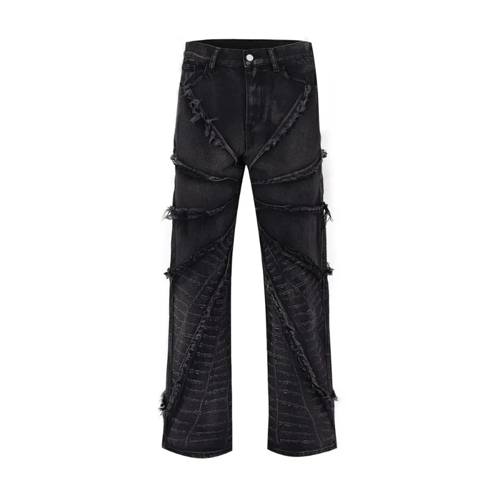 

High Street Fringe Cotton Jeans Straight Leg Loose Fit Black Hip Hop Cotton Knit Fabric Distressed Washing Shorts For Men
