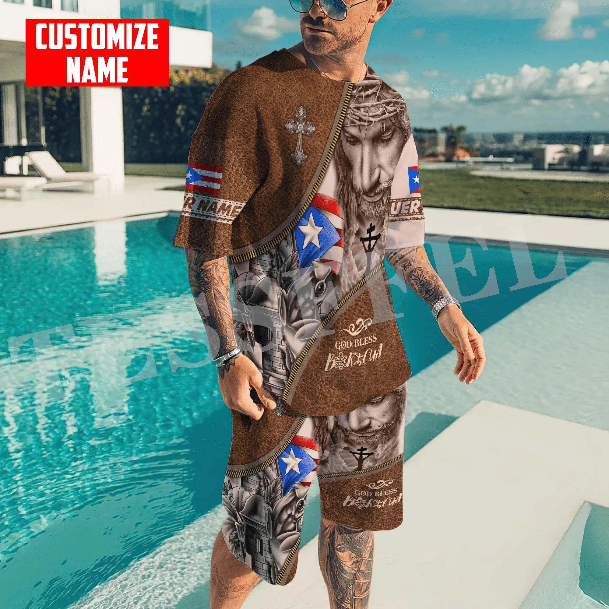 

Custom Name Puerto Rico Boricua Country Tattoo Vintage 3DPrint Casual Shirts Pants Combo Suits Summer Short Sleeves Streetwear C