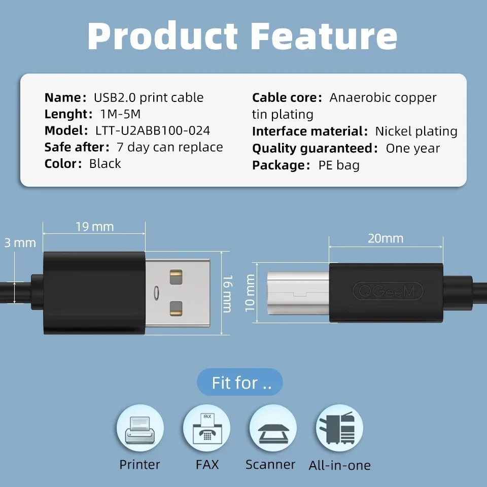 كابل USB للطابعة عالي السرعة A إلى B ذكر إلى ذكر كابل طابعة usb مزامنة البيانات لطابعة الملصقات ثلاثية الأبعاد لينوفو 1 متر 1.5 متر 2 متر 3 متر 5 متر