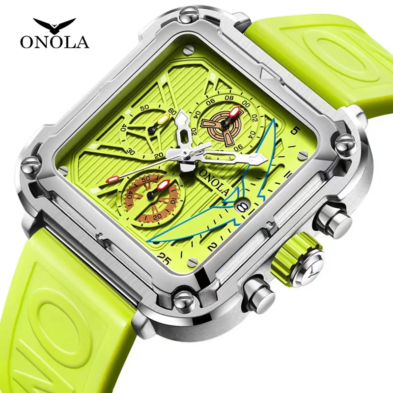 Luxury Brand ONOLA Fashion Green Watches Men Automatic Date Sports Silicone Strap Waterproof Square Quartz WristWatch Reloj 2023