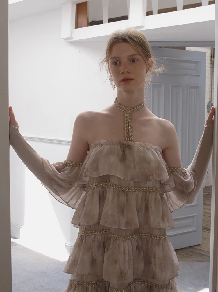 Roriri tie dye feminino fora do ombro halter vestido de mangas curtas ponto em camadas plissado a linha princesa bolo vestido retro y2k roupas