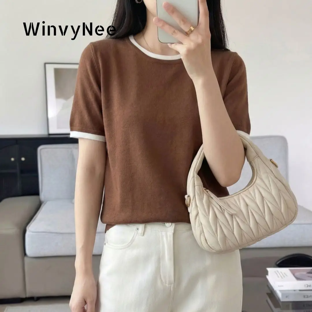 

Женская повседневная футболка WinvyNee для весны и лета, хлопковая, с круглым вырезом, в стиле колор-блок, с коротким рукавом, мягкая, стильная, для повседневной носки ZA1002029