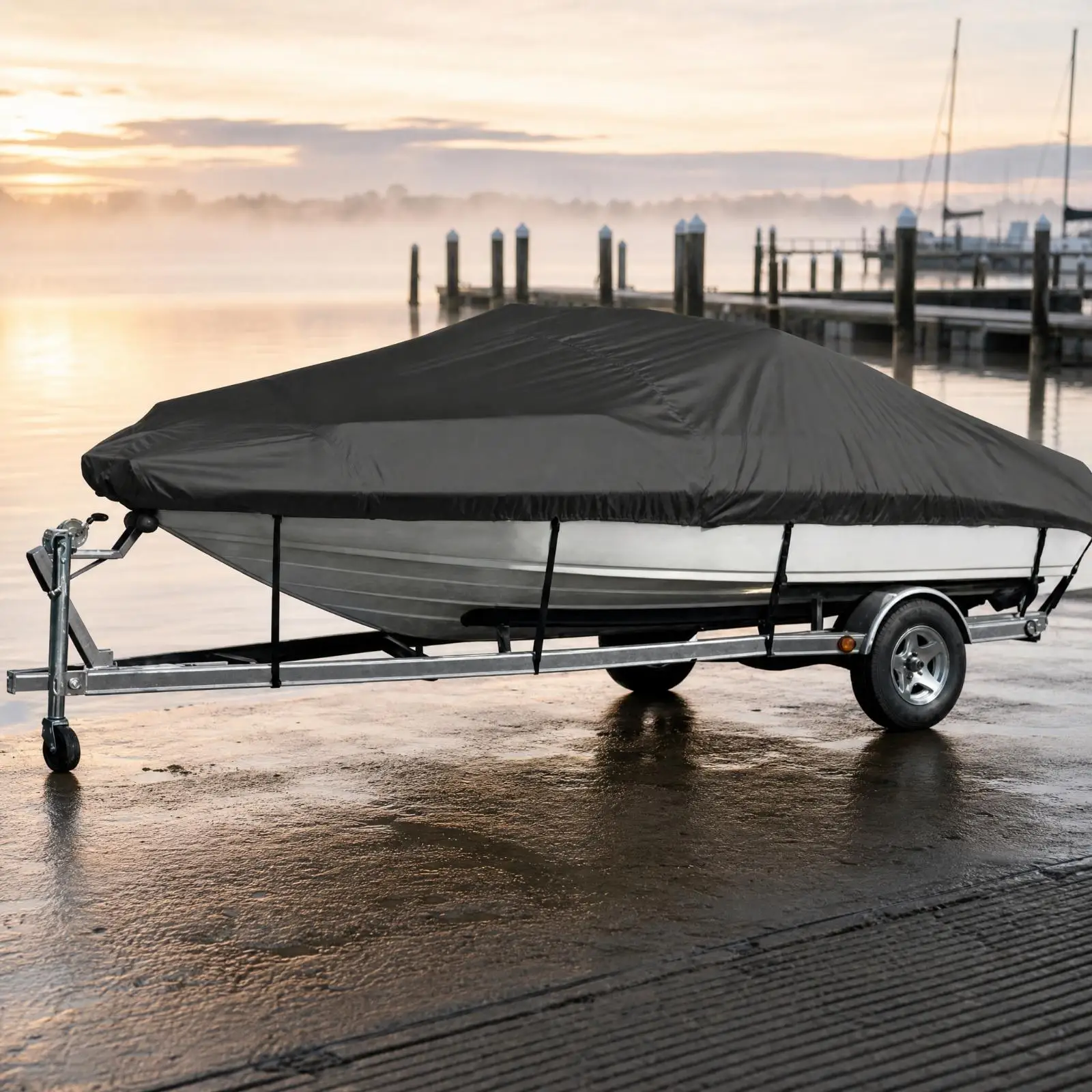 Fitted V Shaped Boat Cover Silver Coated Oxford Material Windproof Elastic Edge for Trailer Use