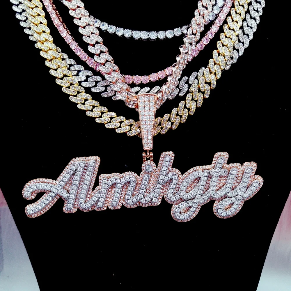

ICECHARMI Two Layer Cursive Letters Custom Name Chain Brush Script Personalized Pendant Solid-Built Hiphop Jewelry