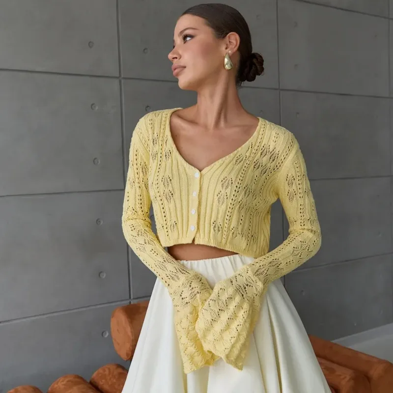 

Talenza Knitted Hollow Top Women's V Neck Flared Long Sleeves Buttons Cardigan Top Female Fashion Solid Hotsweet Slim Top Women
