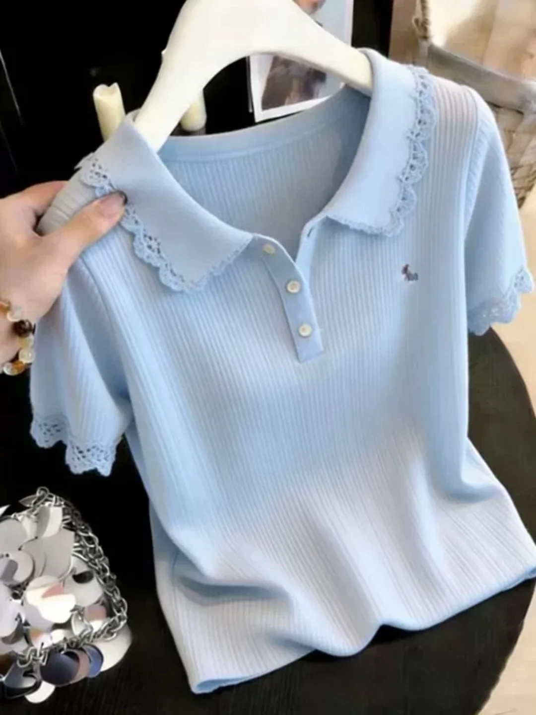Korean Style Sweet Youth  Neck Short Sleeve Knitted Sweater Women's New Summer Design Lace Splicing Top Breathable Skin-F...