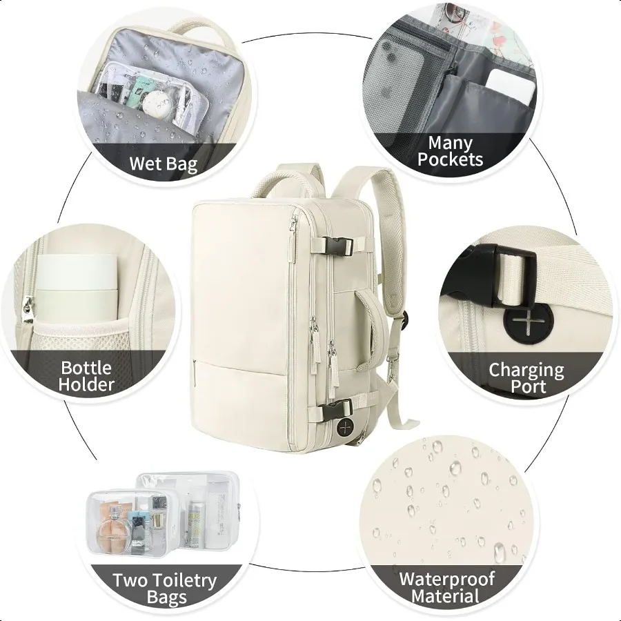 Extra Large Travel Backpack 40L for Women Beige