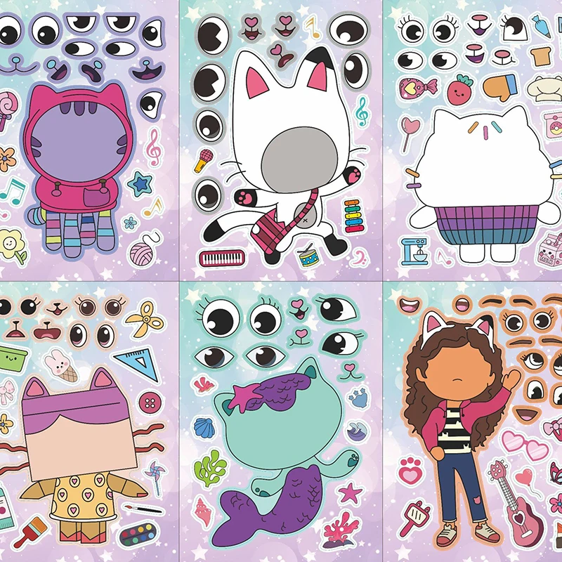 6Sheets DIY Face Stickers Gabby's Dollhouse Make A Face Puzzle Stickers Cartoon Parent-child Interactive Puzzle Ledger