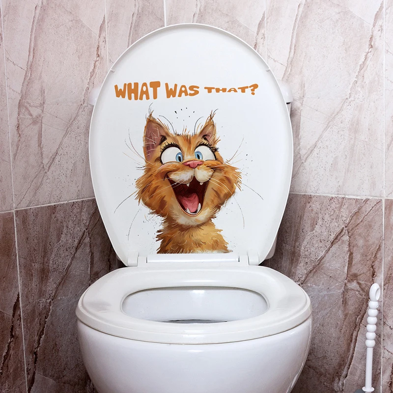 What Wa That? Cartoon Cat Toilet Sticker Bathroom Toilet Cover Sticker Wall Sticker WC Home BathRoom Decoration Decals S365
