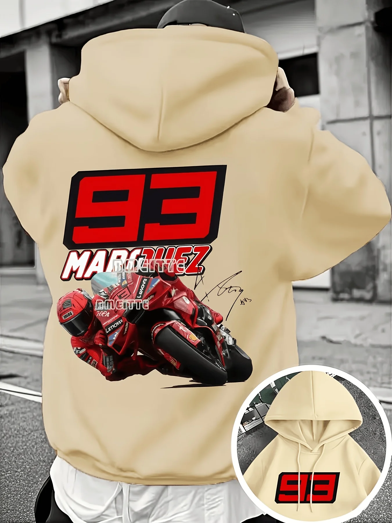 Neues Herbst/Winter Herren Casual Stylisches Vielseitiges Fleece-Kapuzenpullover mit Coolem Rotem Motorrad-Print, High-Street-Mode-Statement – Detail 3