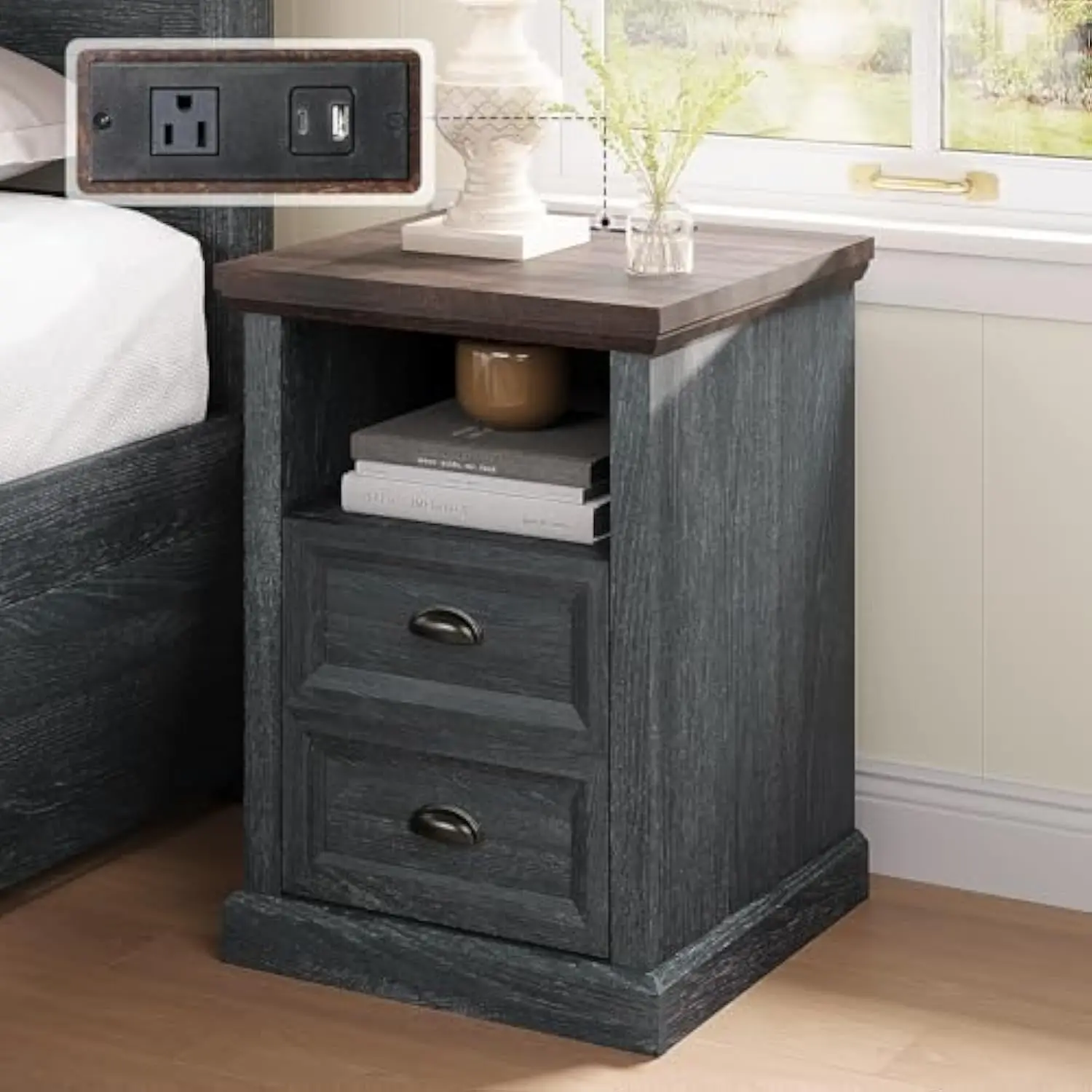 

End Table with Charging Station, Wood Side Table with 2 Drawers and Storage Shelf, Farmhouse End Table with USB Ports & Outlet