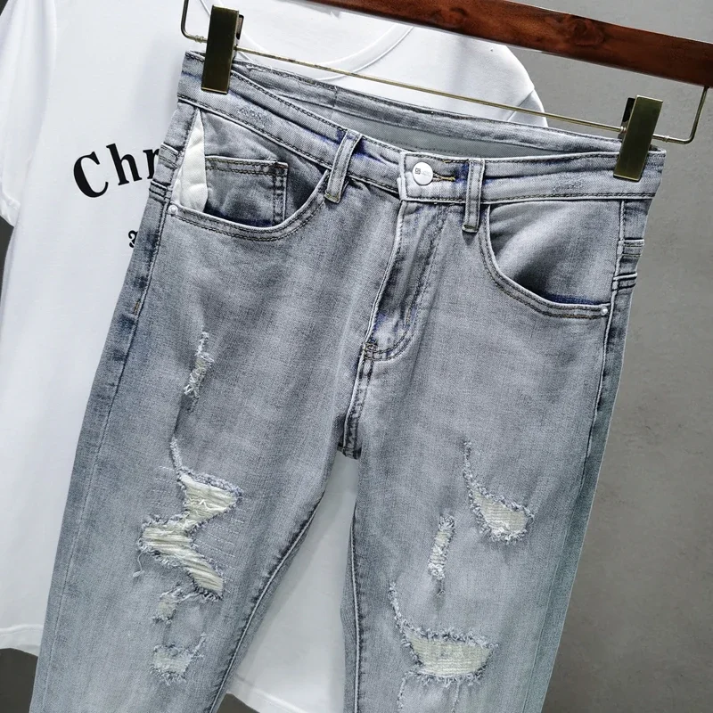 Jean slim déchiré pour hommes, gris, bleu clair, élasticité, vêtements de rue, Hip Hop, Patchwork, pantalon de motard, effiloché