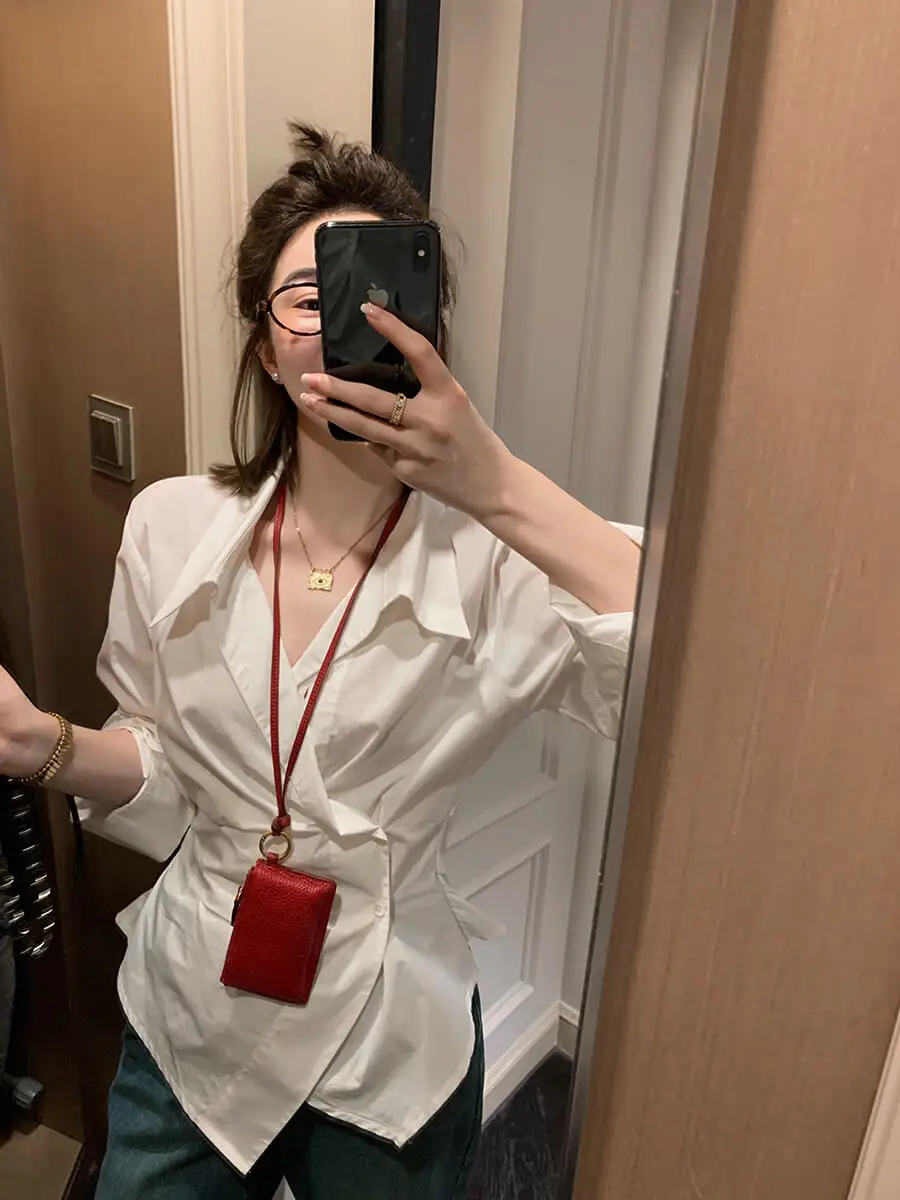 

Женская рубашка MUKOK Winnie Museum из 100% хлопка, белая, весна 2026, дизайнерская модель, приталенный крой, с длинным рукавом, на пуговицах, в корейском стиле