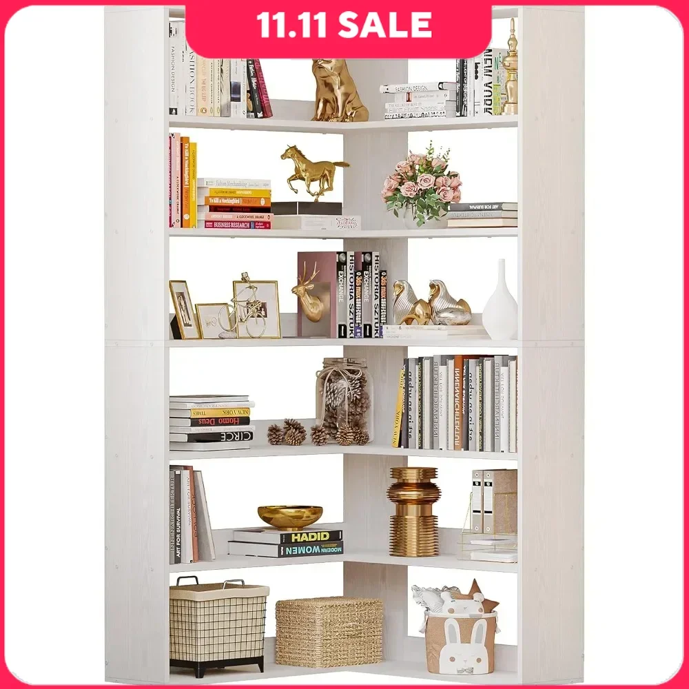 Bookshelf 6 Tier with Baffles, Large Corner Etagere Bookcase Storage Display Rack, Modern Bookshelf