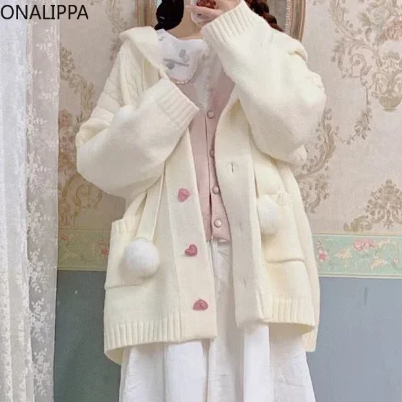 Onalippa Sweet Hooded Knitted Women Cardigan Balls Single Breasted Chic Buttons Cardigans Korean Chic Hemp Pattern Sweaters