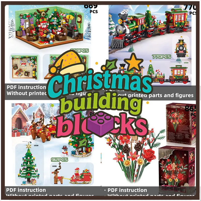 

Christmas Themed Creative Models Collection - Building Blocks: Train, Gingerbread House, Plane & Holiday Scenes