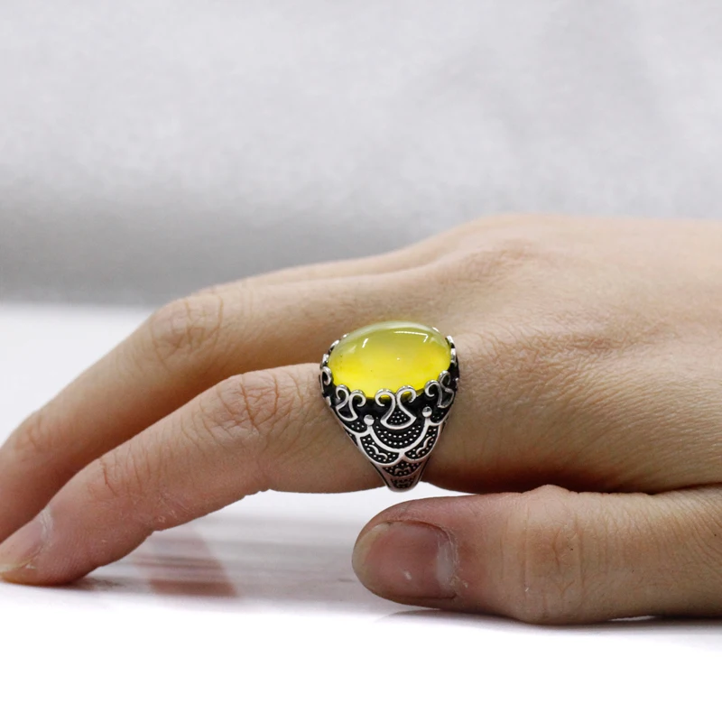S925 فضة اليدوية خاتم العقيق الأصفر الطبيعي حجر Türkiye الفاخرة الرجال حفلة عطلة الأزياء والمجوهرات هدية