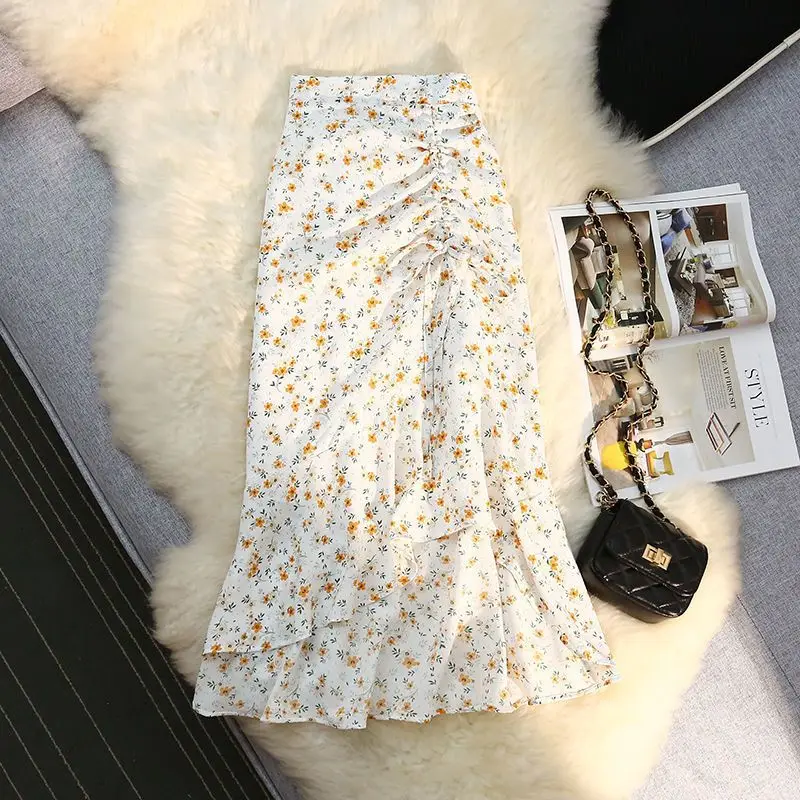 Fashion Floral Irregular Fishtail Skirt Women High Waisted Slim Shirring Loose Lacing Casual All-match Lady Chiffon Skirt