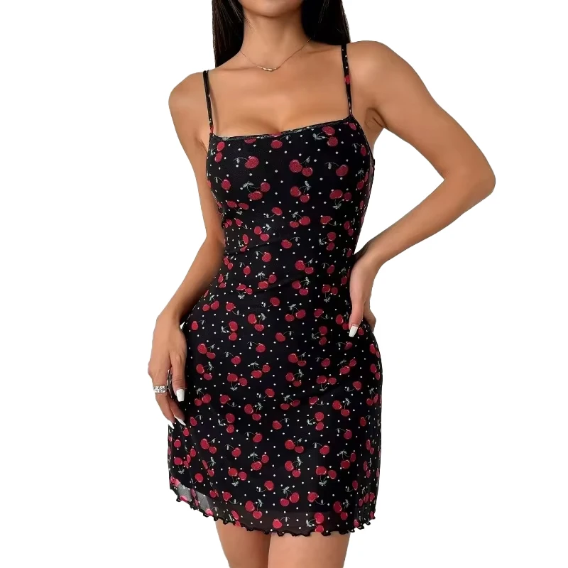 

Vintage Summer Y2k Women's Dress Cherry Print Backless Woman Party Dress Casual Vestidos Sexy Sleeveless Sling A-Line Sundress