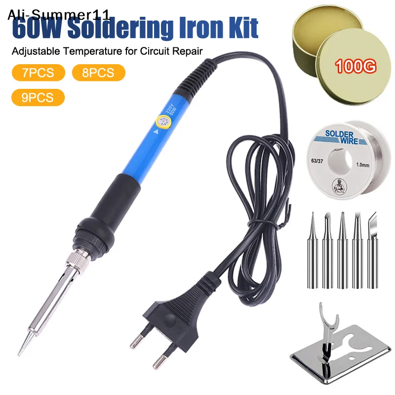 【Sa1】1/3/5/7/8/9Pcs Adjust Temperature Electric Soldering Iron 220V 60W Welding Solder Rework Station Heat Pencil Tips Repair