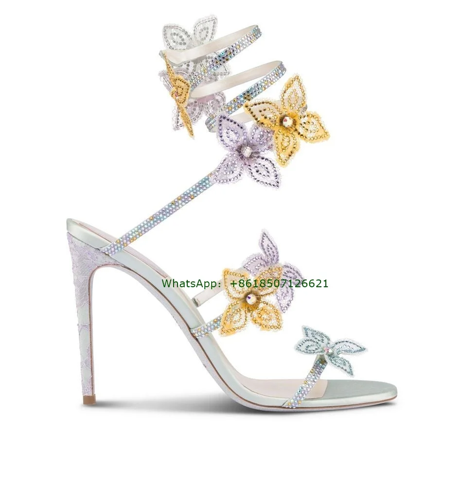 

Round Toe Flower Decor Ankle Strap Sandals Stiletto Bling-Bling Open Toe Slip-On Women High Heels