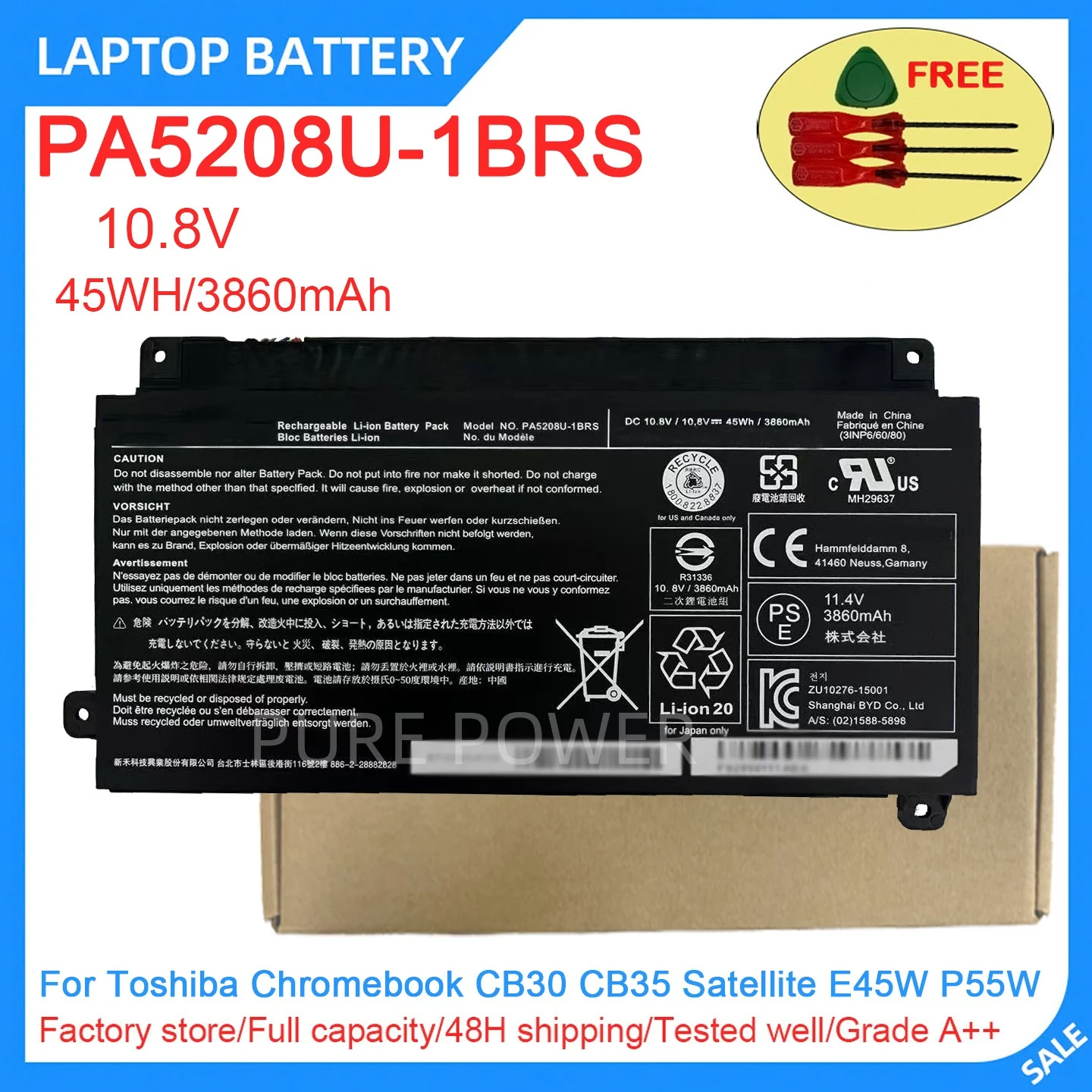 New Laptop Battery PA5208U-1BRS 10.8V 45WH 3860mAh High Quality For Toshiba Chromebook CB30 CB35 Satellite E45W P55W