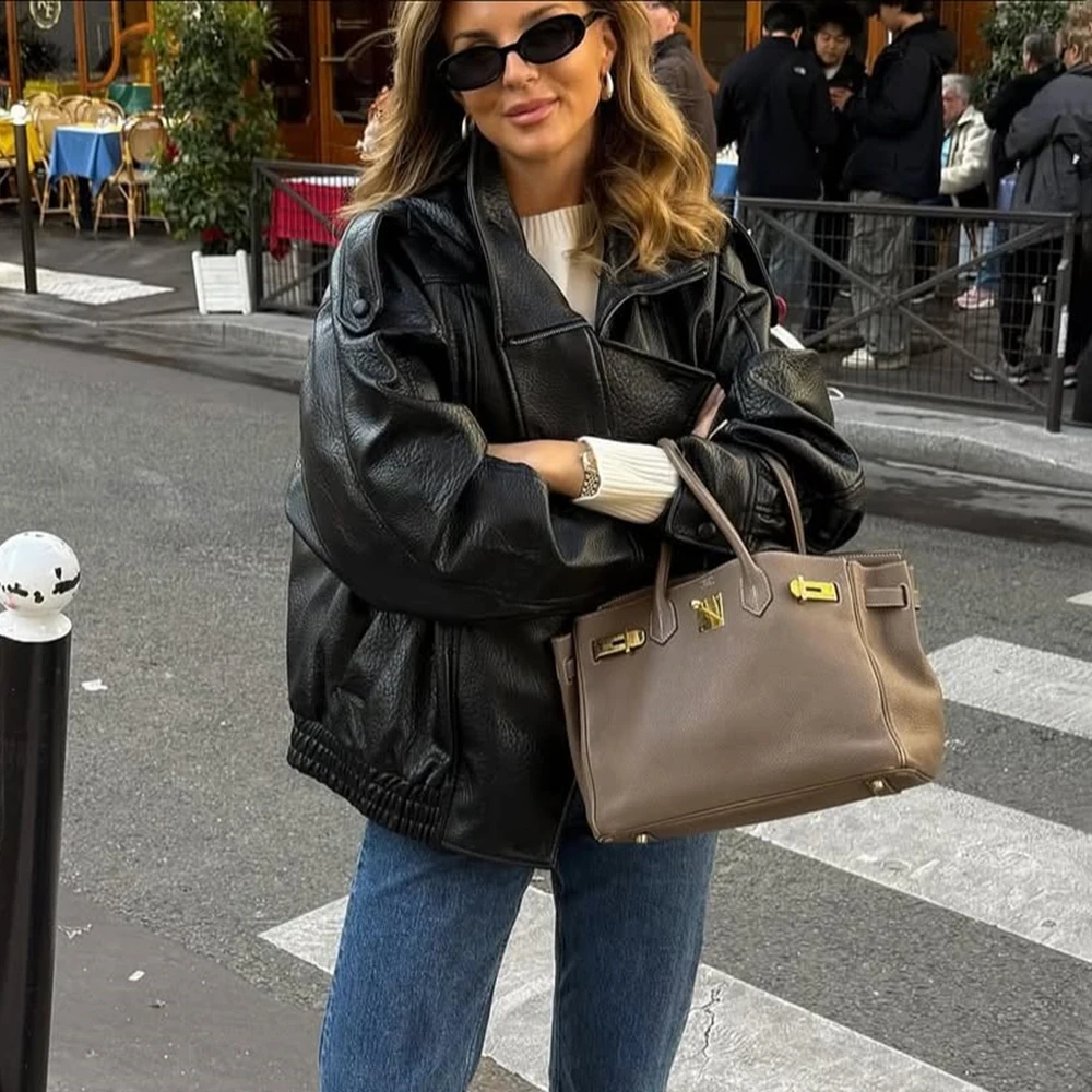 Ticketsx Fashion Leather Jackets Women Solid Lapel Button Zipper Patchwork Loose Coats Autumn Winter New Casual Streetwear Coats