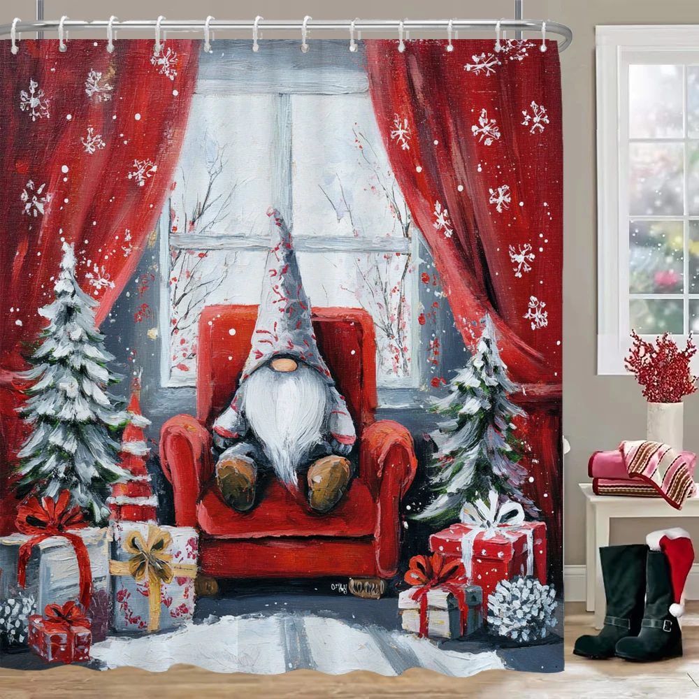 

Christmas Shower Curtain, Bathroom Decorative Christmas Happy New Year Shower Curtain, Elf Christmas Shower Curtain with Hooks