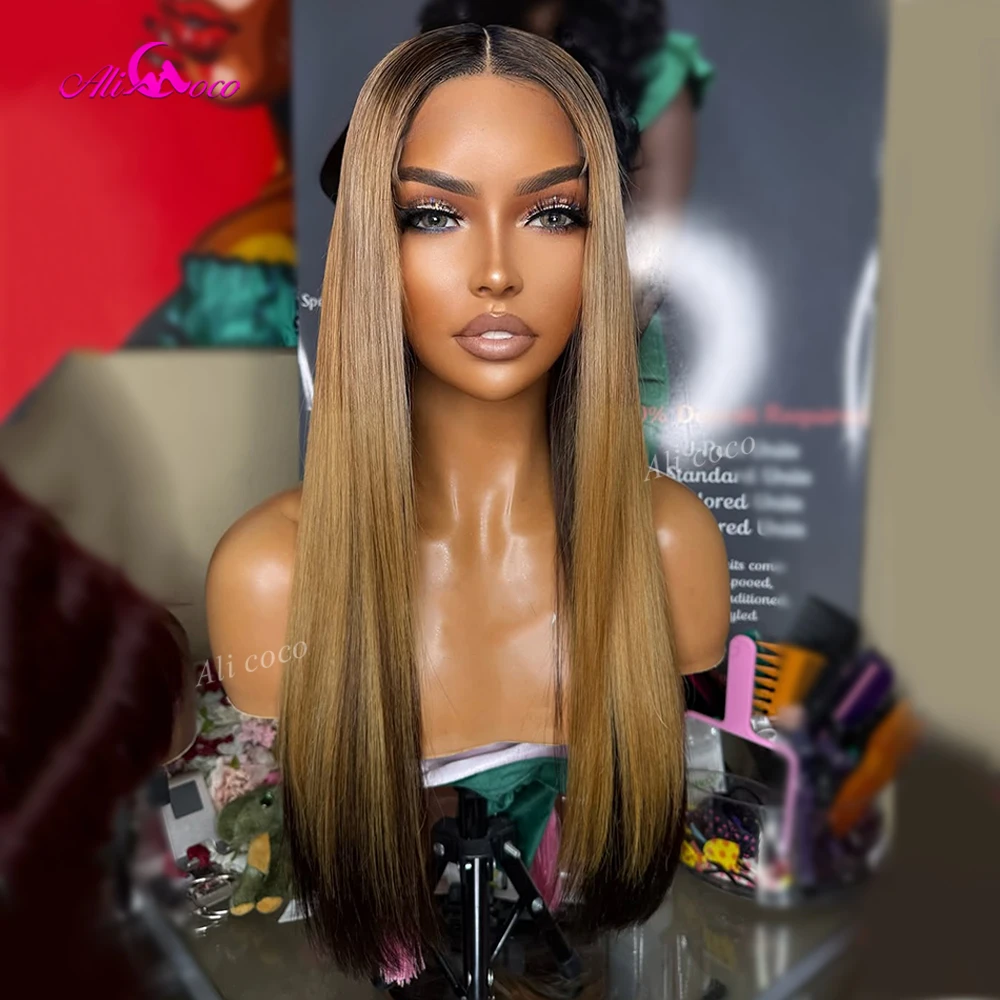 Ombnre Honey Blonde Colored 13x6 Drawstring 13x4 Silk Straight Human Hair Wigs 5x5 Invisible Lace Closure Wigs 180 Density