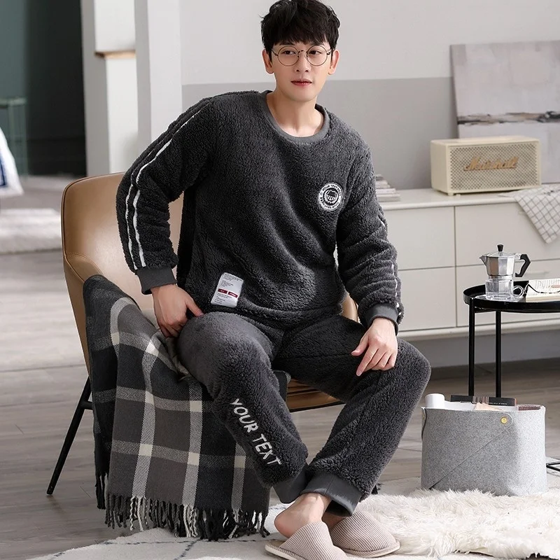 New Coral Velvet Pajamas Men\'s Winter Long Sleeve  Flannel Thickened Simple Leisure Warm Home Clothes