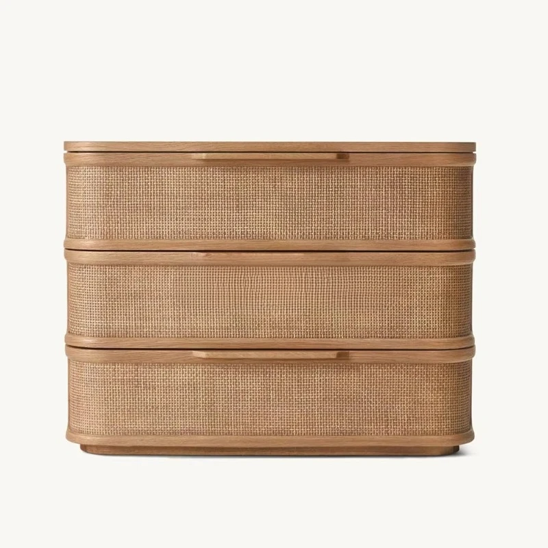 

Modern apartment friendly, solid wood enclosed bedside tables, bedroom furniture, woven rattan board with 3 drawers