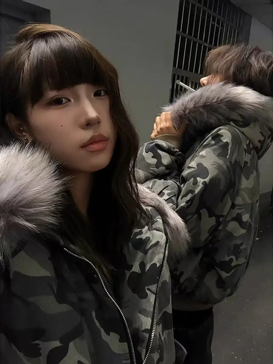 

Парки из искусственного меха, осень-зима, Harajuku, повседневная камуфляжная толстовка с меховым воротником, кардиган с капюшоном, топы на молнии, облегающая куртка в американском стиле