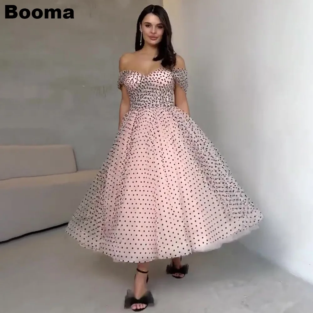 

Booma Pink Black Dot Tulle Simple Prom Dresses Off the Shoulder Sweetheart Graduation Party Dress Short Evening Gowns for Women