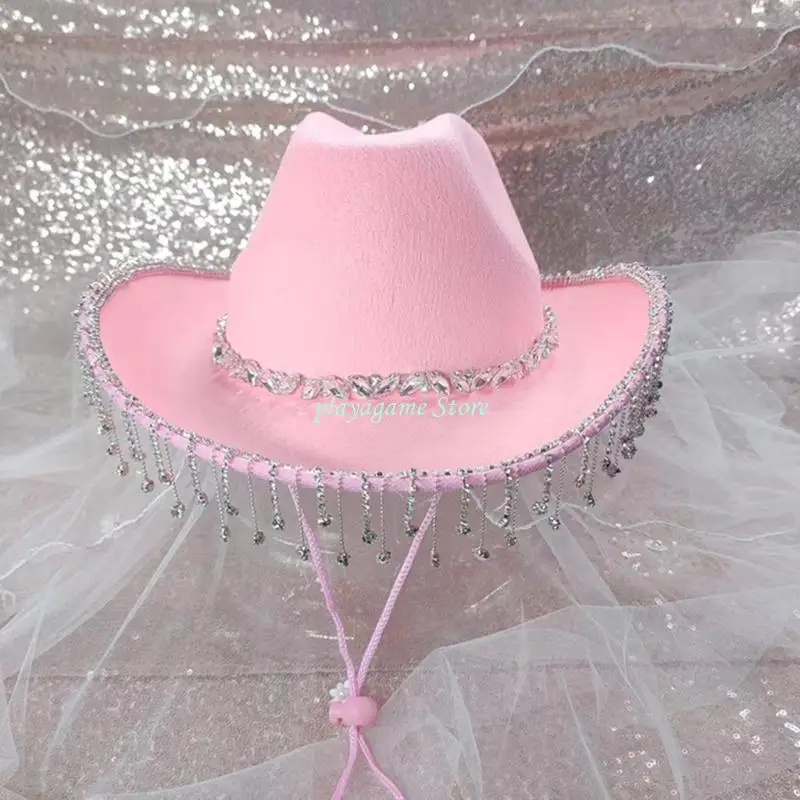 

Y88A Shimmering Cowgirl Hat White Hat with Glistening Tassels Wedding Bridal Shower Crystal Tassels Bride to be Gift