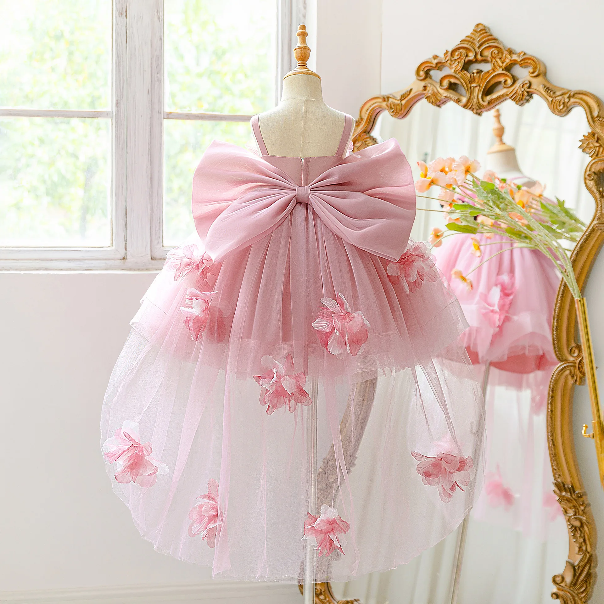 3-8Y Party Girls Dresses Bow Wedding Birthday Princess Prom Dress Girl Graduation Evening Gown Elegant Flower Bridesmaids