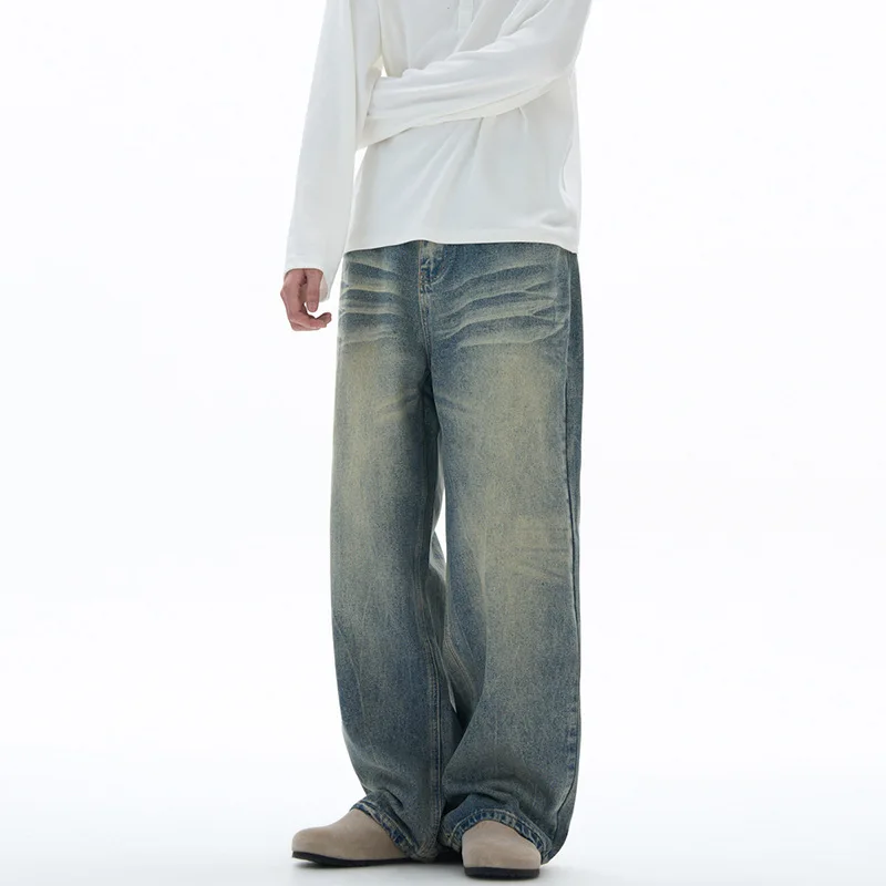WTHT موضة الرجال التدرج تفعل القديم شارع العليا الدنيم السراويل خمر النمط الأمريكي واسعة الساق فضفاض الجينز الذكور 2025 الخريف 2A2322 #4